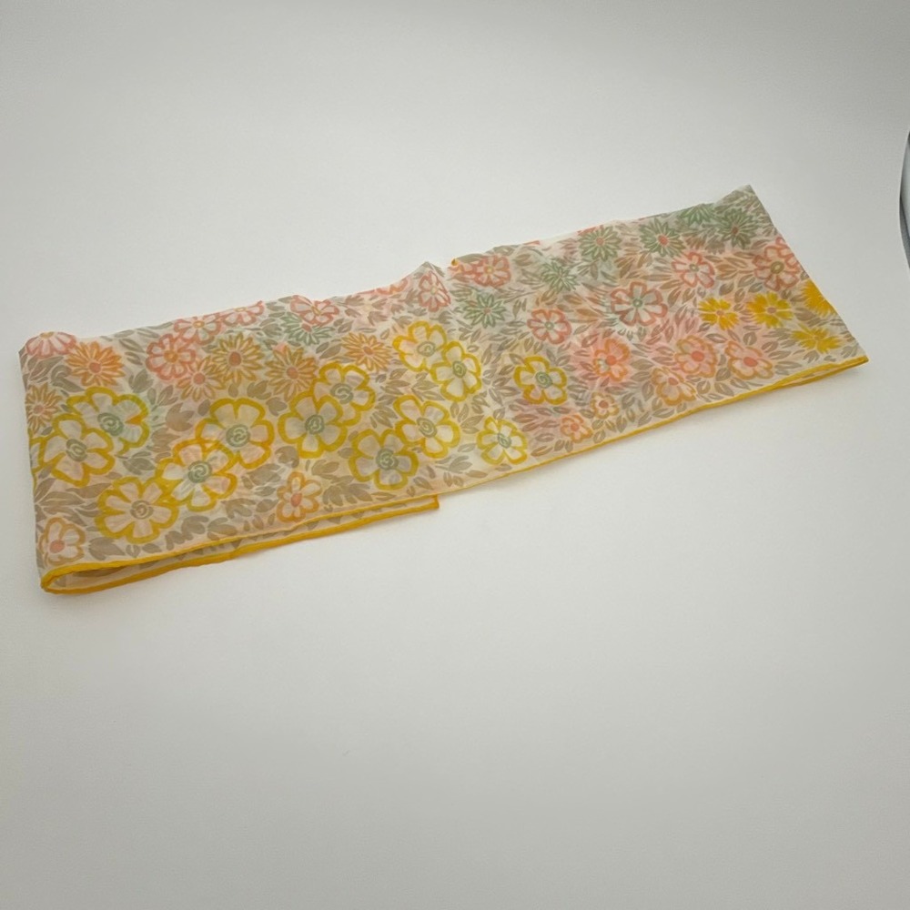Vintage 60s Glentex Sheer Floral Scarf Hand Rolled Yellow Peach Sage Oblong Wrap - Picture 7 of 8